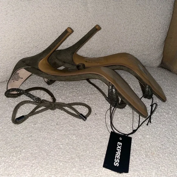 Express Suede and Crystal Strappy Sandal Heel in Olive - Picture 5 of 5